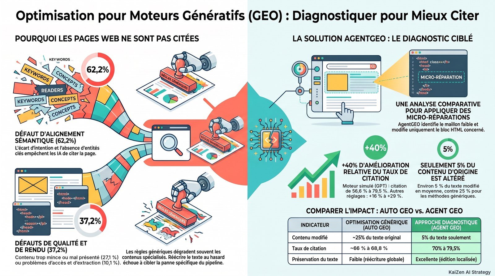 Infographie : 62,2 % des pages non citées ratent l’intention ou les entités de la question, et des corrections ciblées battent la réécriture générique