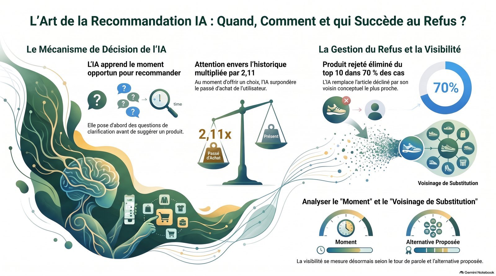 Infographie : l’IA apprend le moment de recommander, pèse l’historique d’achat 2,11 fois plus au tour décisif, et remplace un produit refusé par son plus proche voisin