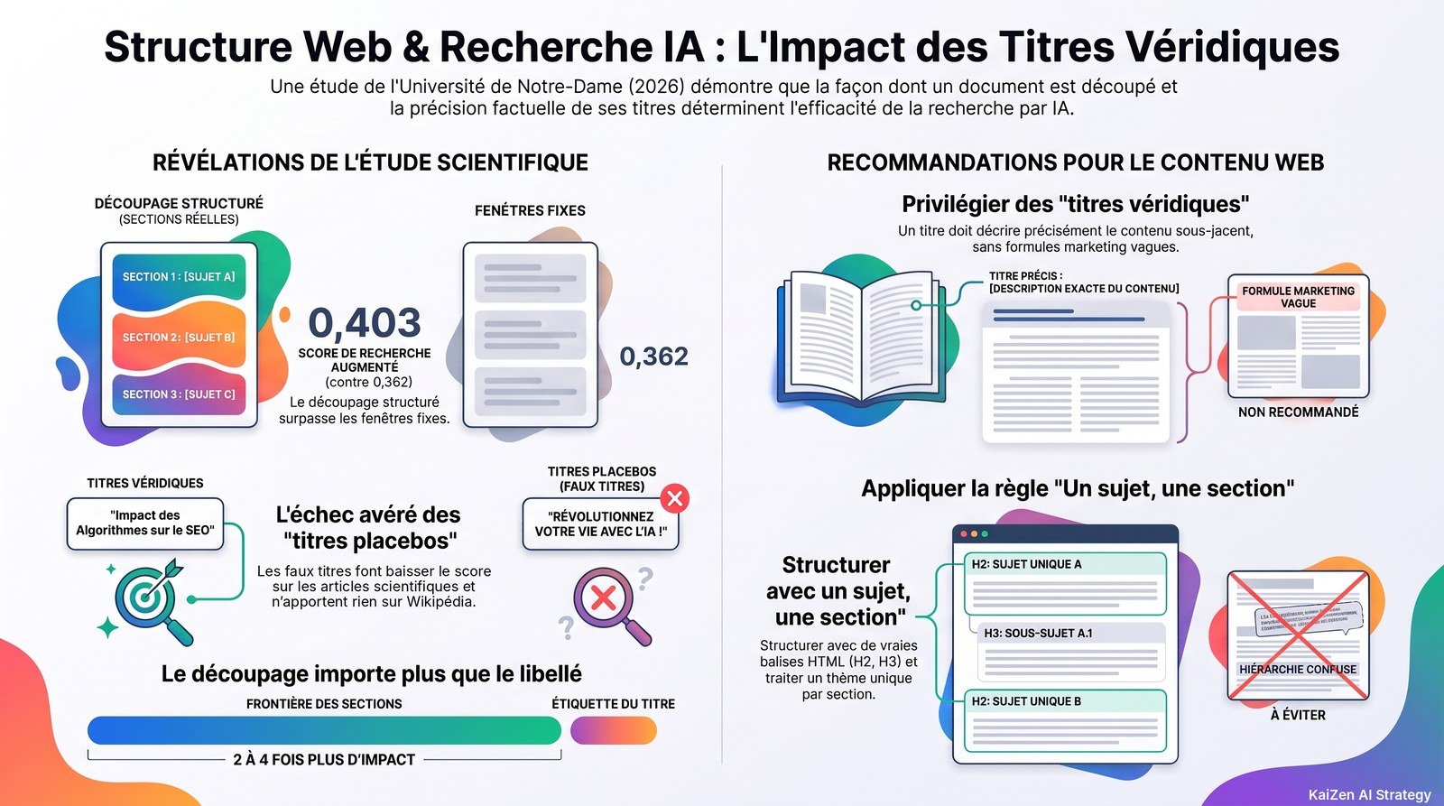 Infographie : couper aux vraies sections fait passer le score de recherche de 0,362 à 0,403, et les faux intertitres n’apportent rien