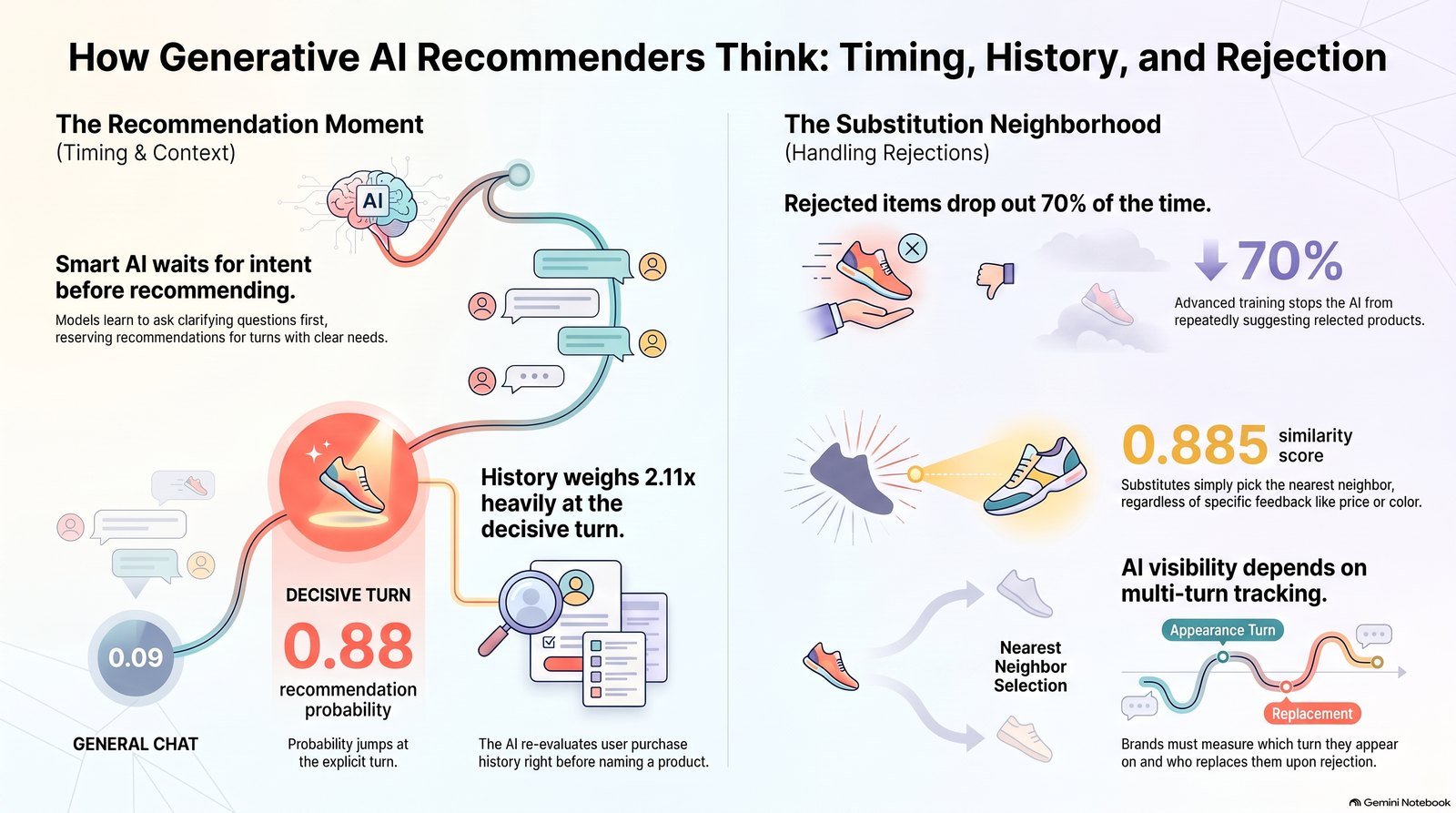 Infographic: the AI learns when to recommend, weighs purchase history 2.11 times more at the decisive turn, and replaces a rejected product with its nearest neighbour
